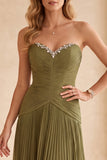 Olive Sweetheart Pleated A-Line Long Formal Dress with Beading