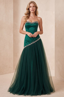 Dark Green Tulle A-Line Sweetheart Beaded Long Formal Dress