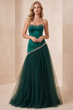 Dark Green Tulle A-Line Sweetheart Beaded Long Formal Dress