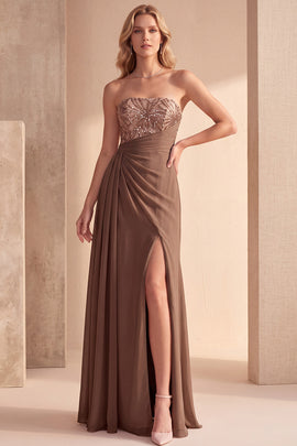 Coffee Strapless Ruched Sequin Long Formal Dress with Slit