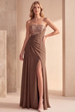 Coffee Strapless Ruched Sequin Long Formal Dress with Slit