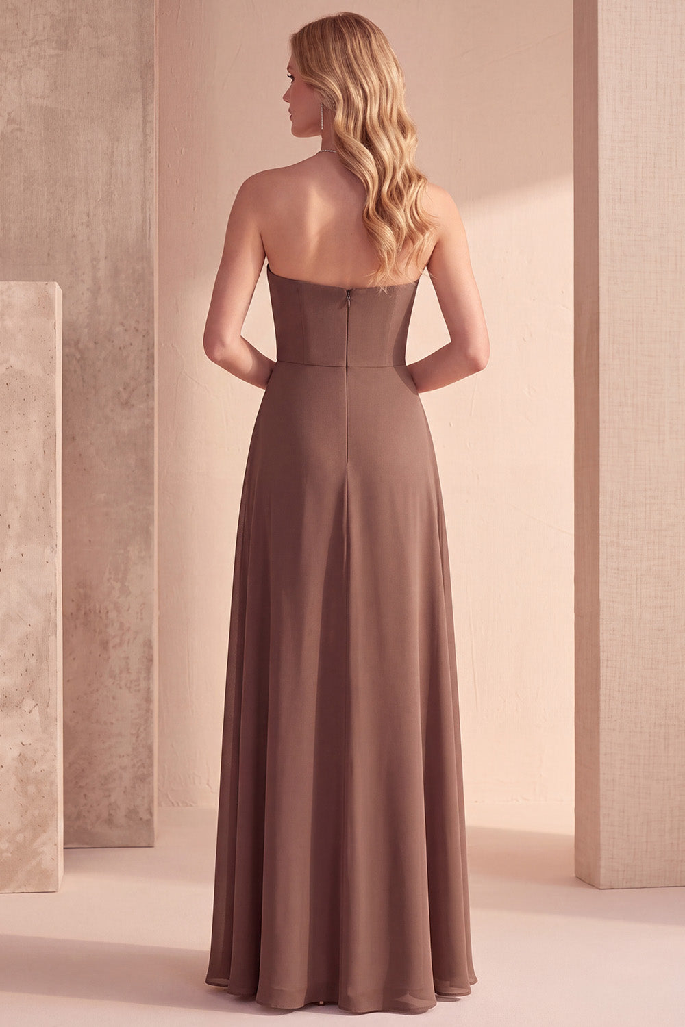 Coffee Strapless Ruched Sequin Long Formal Dress with Slit