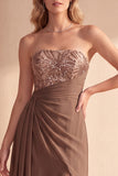 Coffee Strapless Ruched Sequin Long Formal Dress with Slit