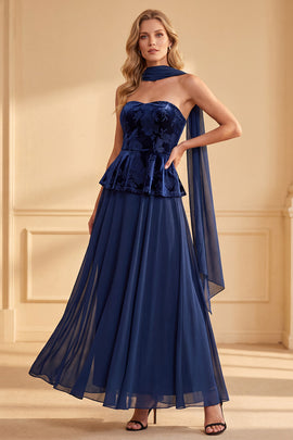 Dark Blue A-Line Ruffled Floral Chiffon Maxi Formal Dress with Neck Scarf
