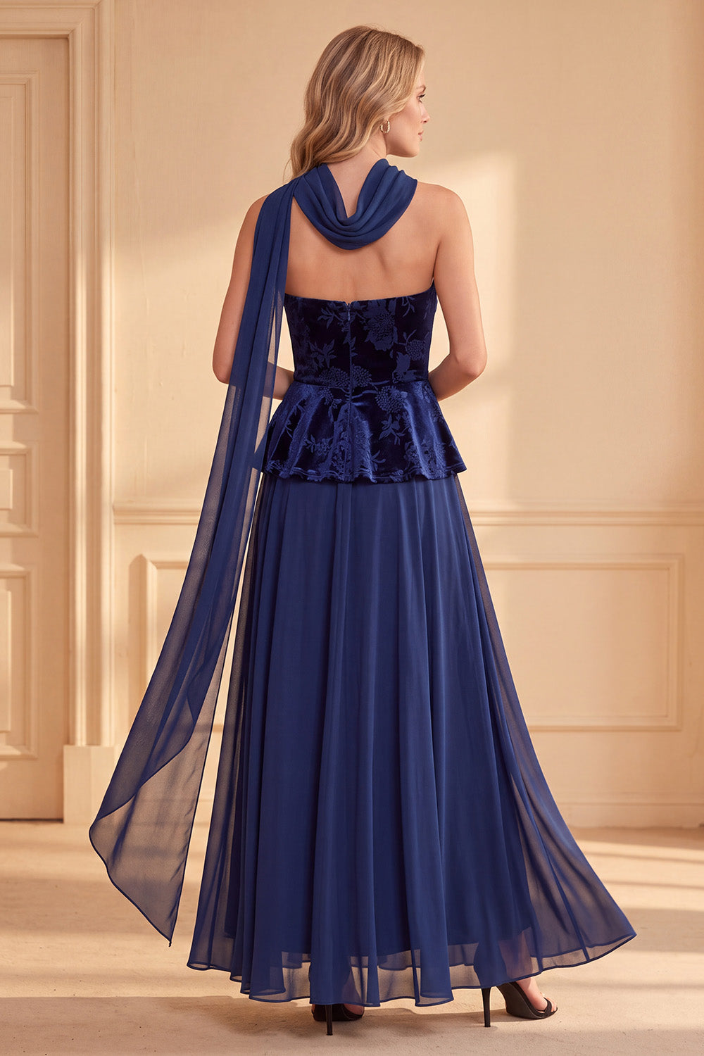 Dark Blue A-Line Ruffled Floral Chiffon Maxi Formal Dress with Neck Scarf