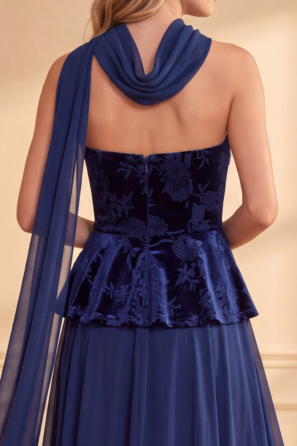 Dark Blue A-Line Ruffled Floral Chiffon Maxi Formal Dress with Neck Scarf