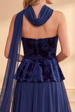 Dark Blue A-Line Ruffled Floral Chiffon Maxi Formal Dress with Neck Scarf