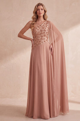 Khaki A-Line One Shoulder Chiffon Floral Long Formal Dress with Side Cape