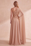 Khaki A-Line One Shoulder Chiffon Floral Long Formal Dress with Side Cape