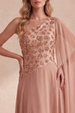 Khaki A-Line One Shoulder Chiffon Floral Long Formal Dress with Side Cape