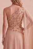 Khaki A-Line One Shoulder Chiffon Floral Long Formal Dress with Side Cape