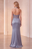 Dusty Blue Satin Mermaid Halter Ruched Long Formal Dress with 3D Flowers