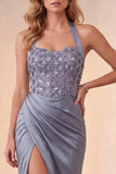 Dusty Blue Satin Mermaid Halter Ruched Long Formal Dress with 3D Flowers
