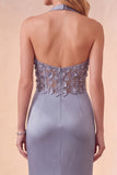 Dusty Blue Satin Mermaid Halter Ruched Long Formal Dress with 3D Flowers