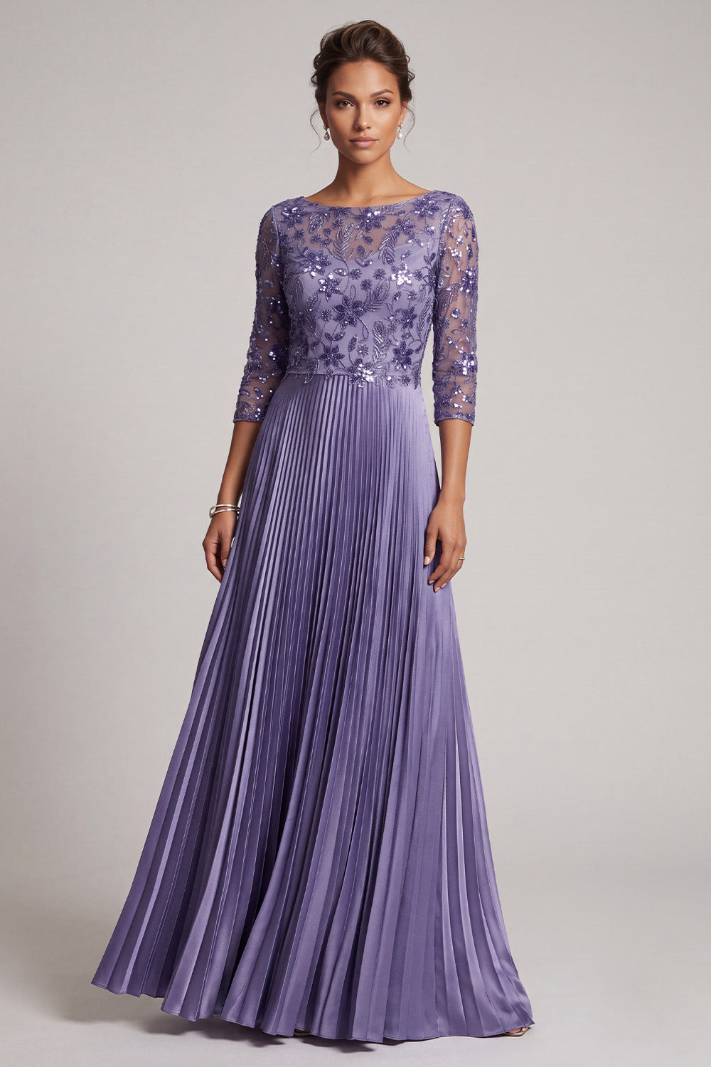 Purple A-Line Floral Sequin Pleated Long Mother of the Bride Dress with Sleeves