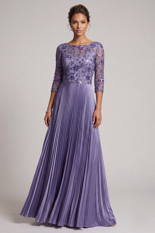 Purple A-Line Floral Sequin Pleated Long Mother of the Bride Dress with Sleeves