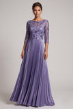 Purple A-Line Floral Sequin Pleated Long Mother of the Bride Dress with Sleeves