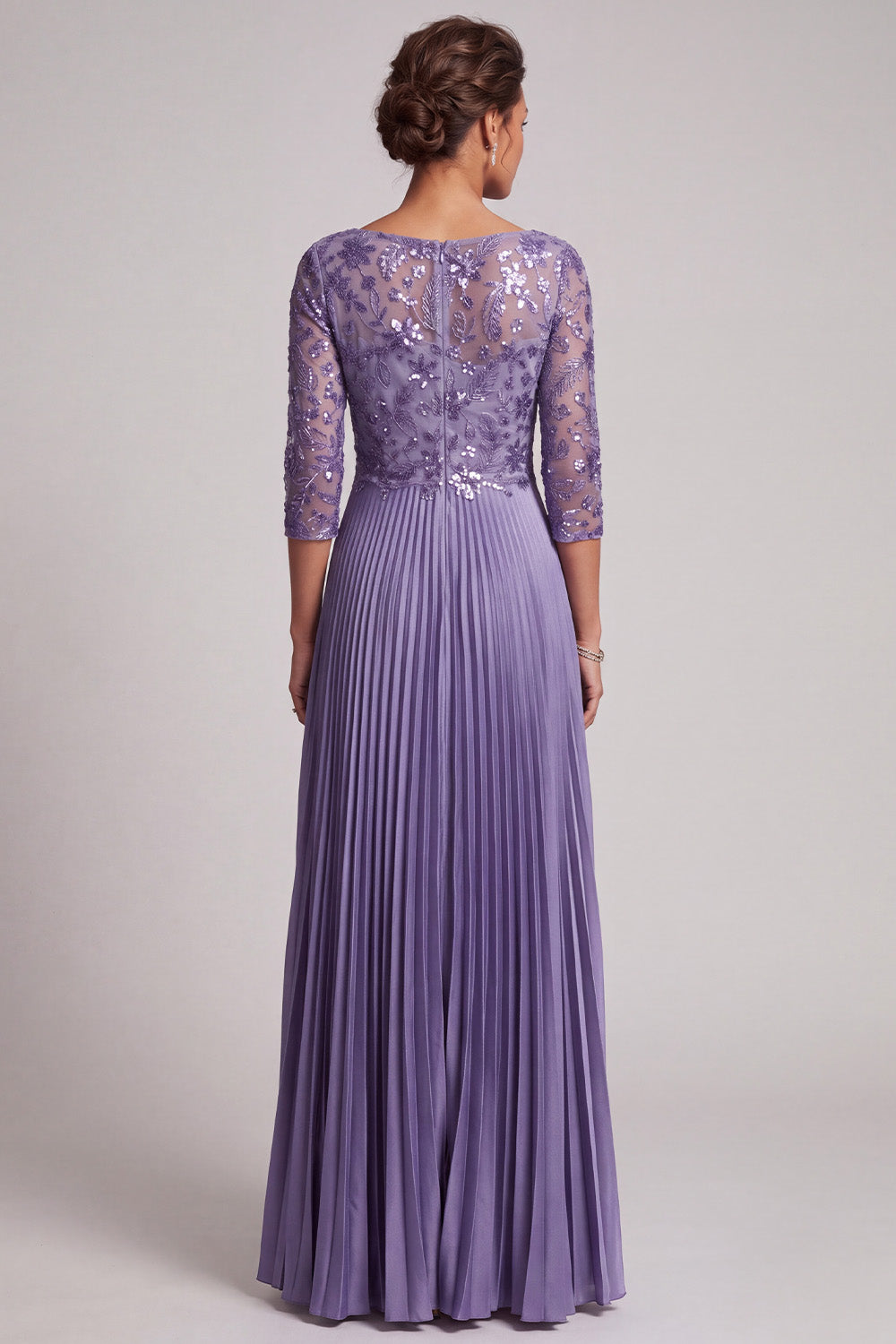 Purple A-Line Floral Sequin Pleated Long Mother of the Bride Dress with Sleeves