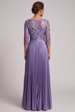Purple A-Line Floral Sequin Pleated Long Mother of the Bride Dress with Sleeves