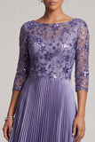 Purple A-Line Floral Sequin Pleated Long Mother of the Bride Dress with Sleeves