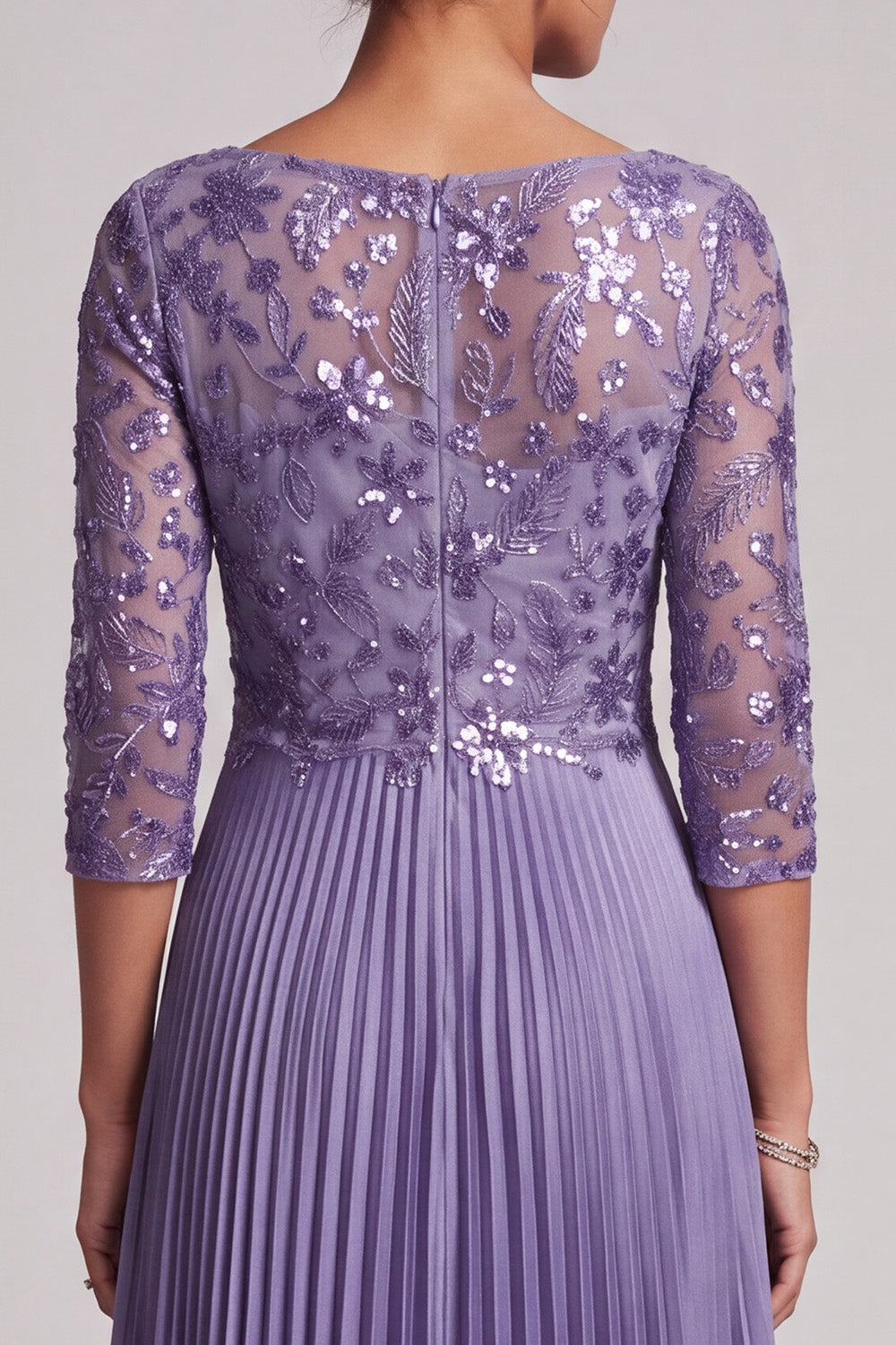 Purple A-Line Floral Sequin Pleated Long Mother of the Bride Dress with Sleeves