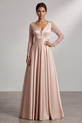 Blush Satin A-Line V-Neck Sequin Ruched Long Sleeves Mother of the Bride Dress