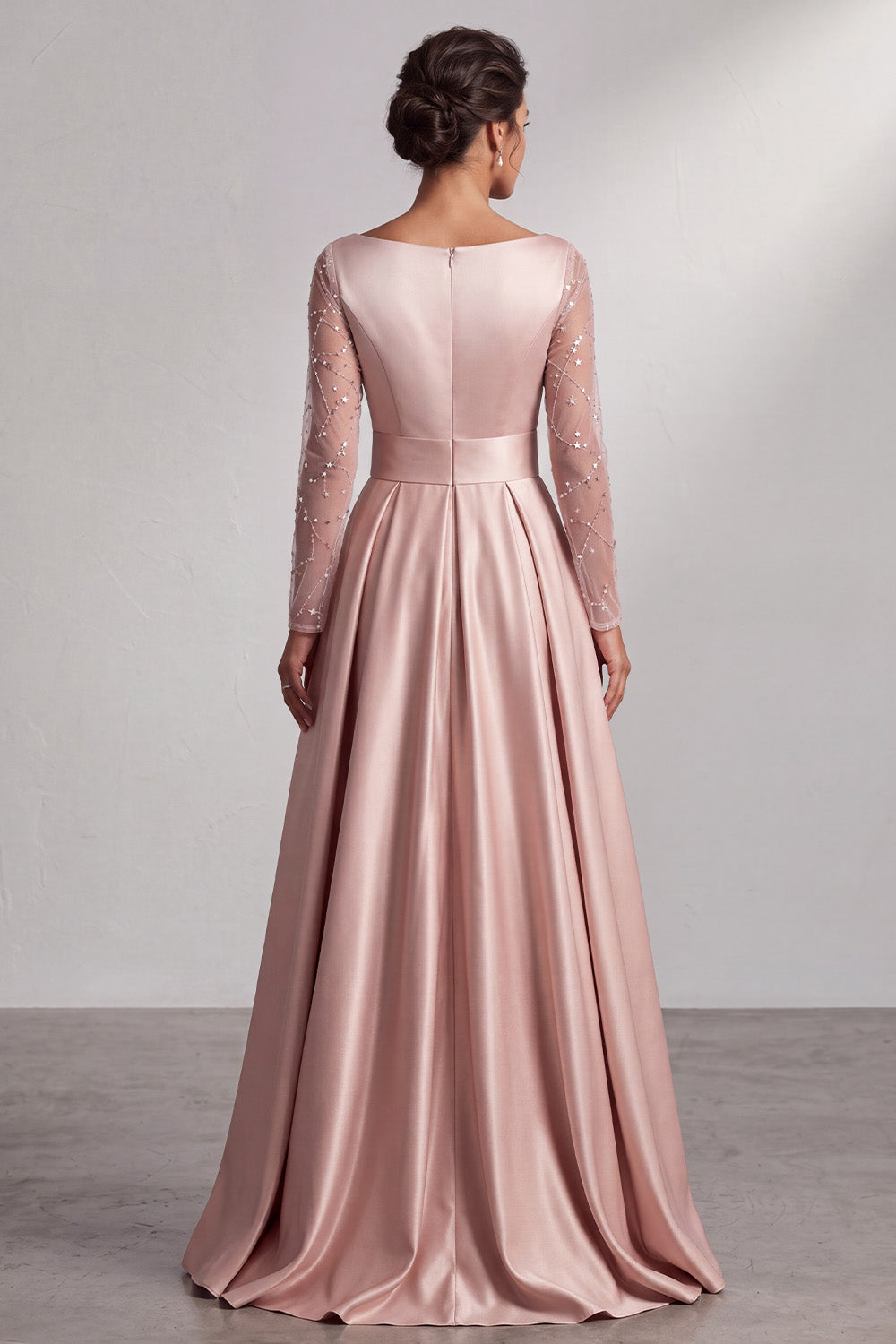 Blush Satin A-Line V-Neck Sequin Ruched Long Sleeves Mother of the Bride Dress