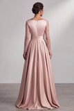Blush Satin A-Line V-Neck Sequin Ruched Long Sleeves Mother of the Bride Dress