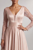 Blush Satin A-Line V-Neck Sequin Ruched Long Sleeves Mother of the Bride Dress