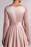 Blush Satin A-Line V-Neck Sequin Ruched Long Sleeves Mother of the Bride Dress