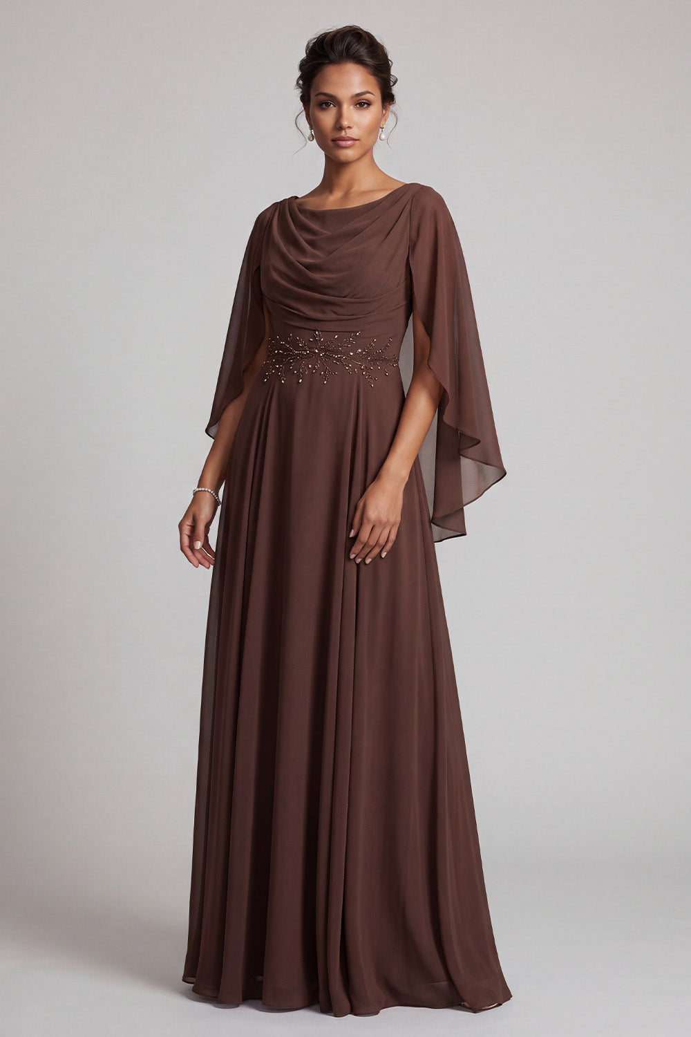 Coffee A-Line Cowl Neck Beaded Chiffon Long Mother of the Bride Dress with Sleeves