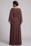 Coffee A-Line Cowl Neck Beaded Chiffon Long Mother of the Bride Dress with Sleeves