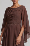 Coffee A-Line Cowl Neck Beaded Chiffon Long Mother of the Bride Dress with Sleeves