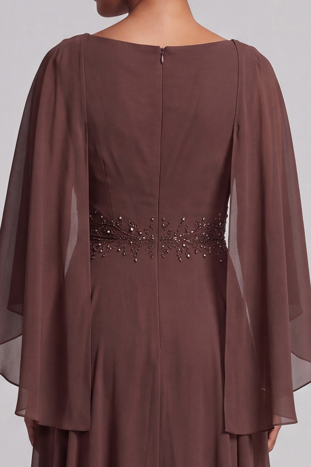 Coffee A-Line Cowl Neck Beaded Chiffon Long Mother of the Bride Dress with Sleeves