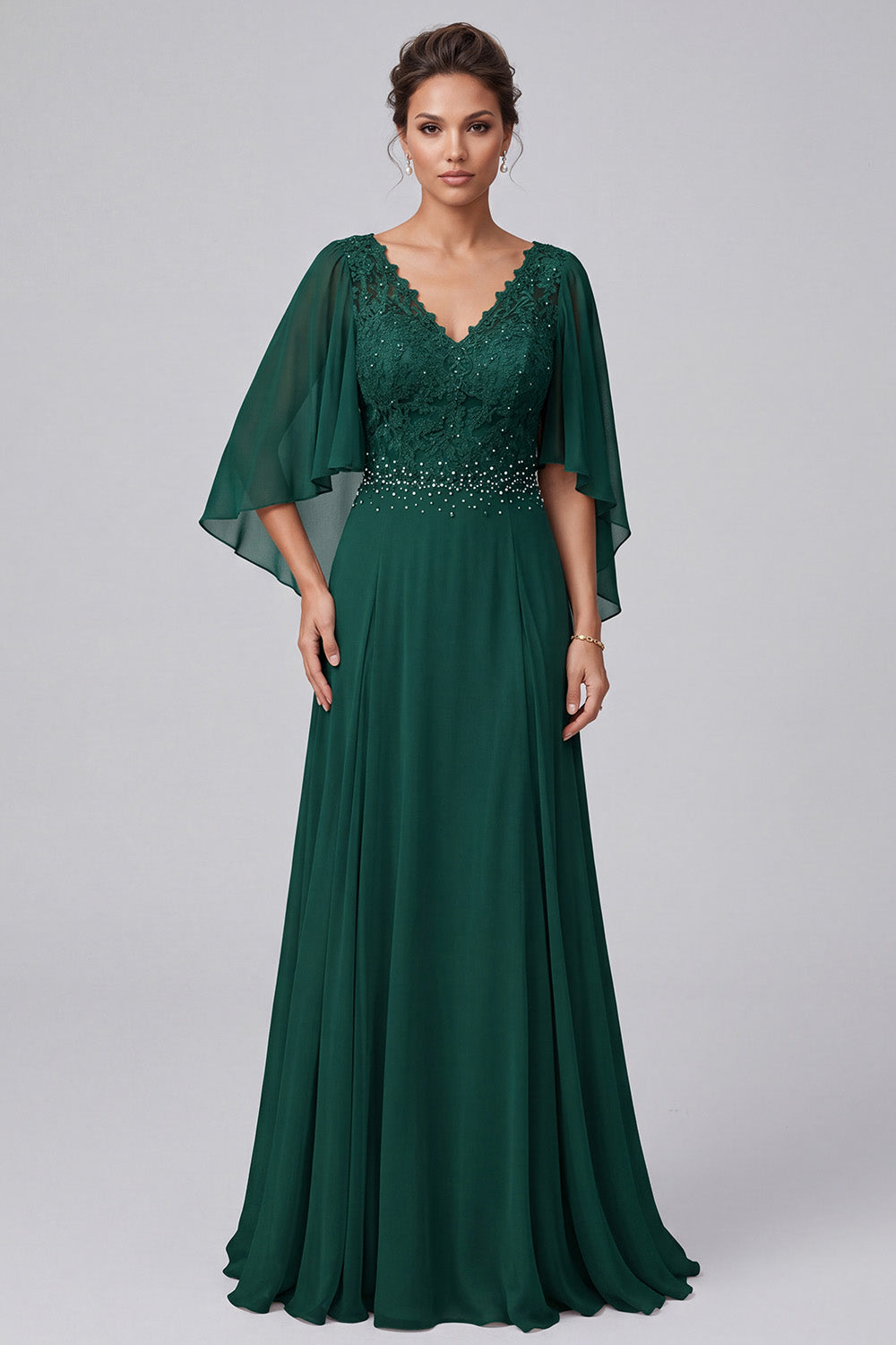 Dark Green A-Line V-Neck Chiffon Beaded Long Mother of the Bride Dress with Sleeves
