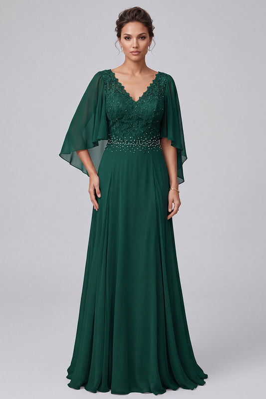 Dark Green A-Line V-Neck Chiffon Beaded Long Mother of the Bride Dress with Sleeves
