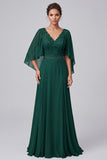 Dark Green A-Line V-Neck Chiffon Beaded Long Mother of the Bride Dress with Sleeves