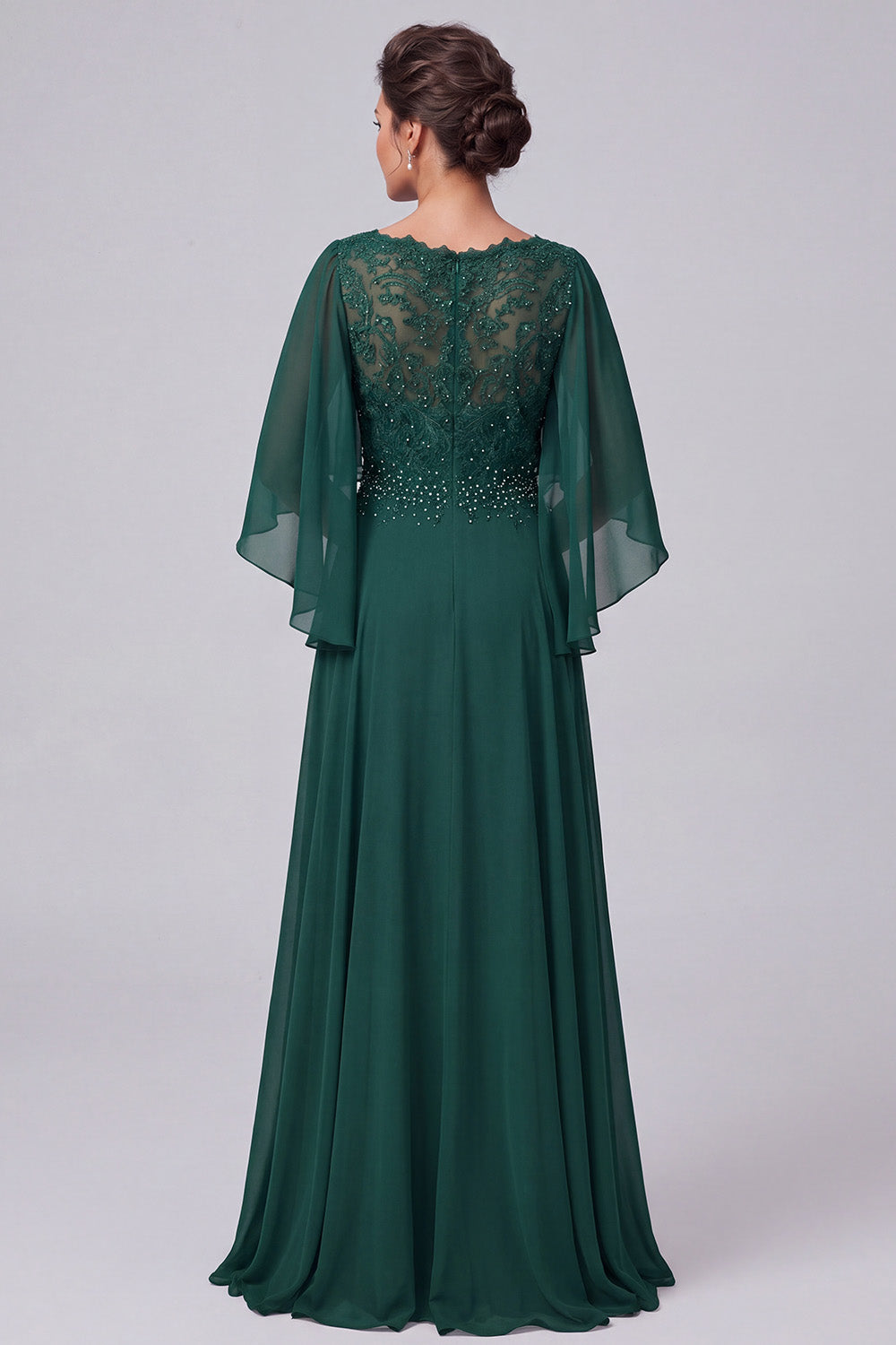 Dark Green A-Line V-Neck Chiffon Beaded Long Mother of the Bride Dress with Sleeves