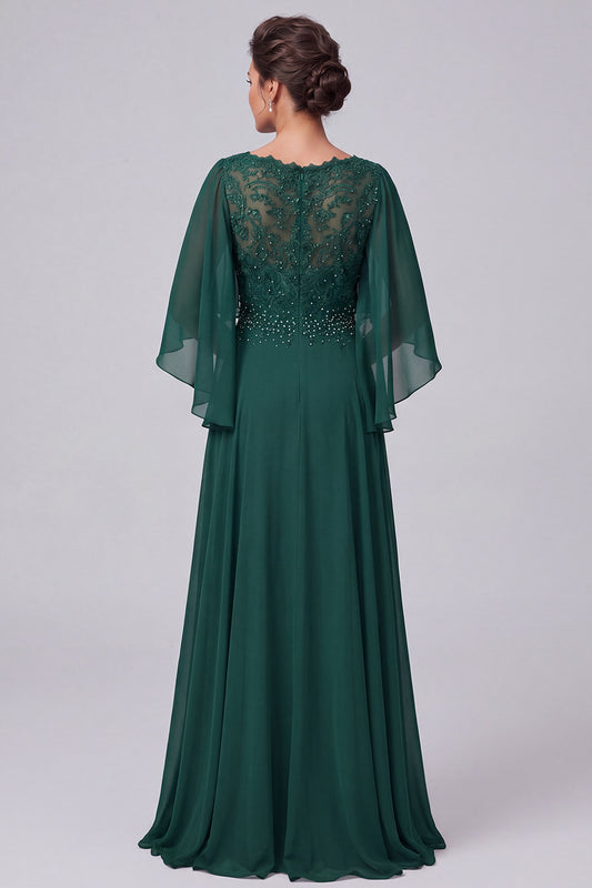 Dark Green A-Line V-Neck Chiffon Beaded Long Mother of the Bride Dress with Sleeves