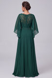 Dark Green A-Line V-Neck Chiffon Beaded Long Mother of the Bride Dress with Sleeves