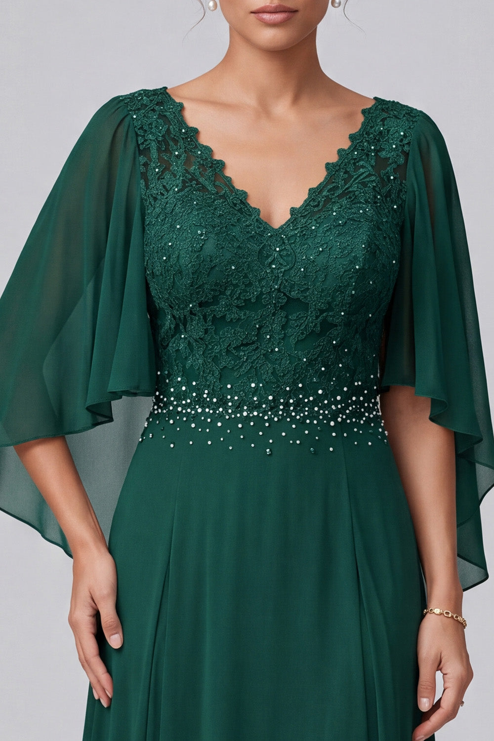 Dark Green A-Line V-Neck Chiffon Beaded Long Mother of the Bride Dress with Sleeves