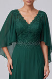 Dark Green A-Line V-Neck Chiffon Beaded Long Mother of the Bride Dress with Sleeves