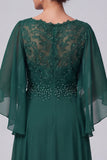 Dark Green A-Line V-Neck Chiffon Beaded Long Mother of the Bride Dress with Sleeves