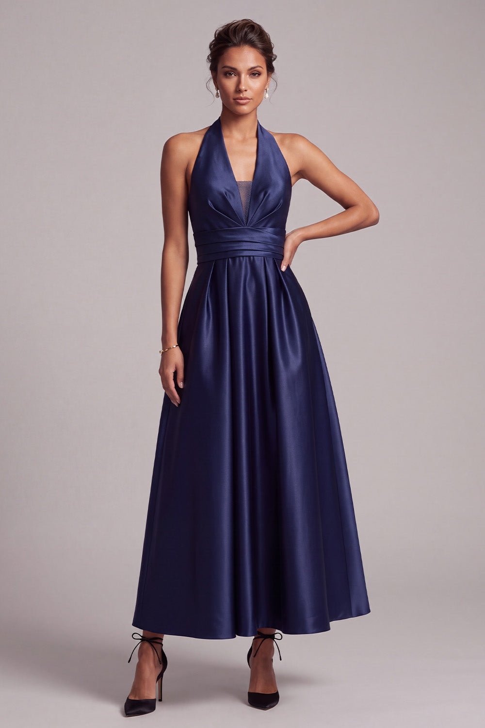 Dark Blue A-Line Halter Ruched Keyhole Back Satin Maxi Formal Dress