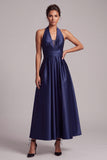 Dark Blue A-Line Halter Ruched Keyhole Back Satin Maxi Formal Dress