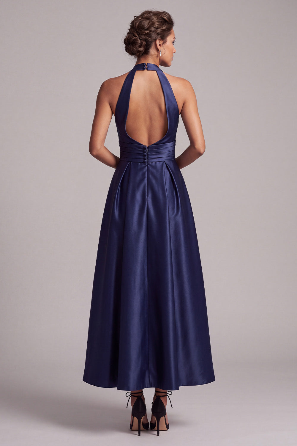 Dark Blue A-Line Halter Ruched Keyhole Back Satin Maxi Formal Dress