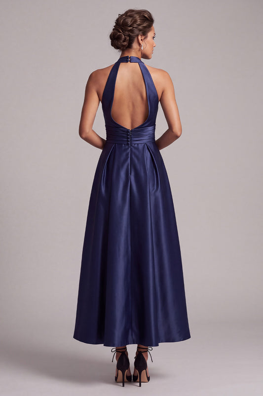 Dark Blue A-Line Halter Ruched Keyhole Back Satin Maxi Formal Dress