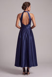 Dark Blue A-Line Halter Ruched Keyhole Back Satin Maxi Formal Dress