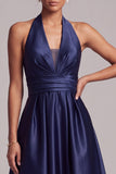 Dark Blue A-Line Halter Ruched Keyhole Back Satin Maxi Formal Dress