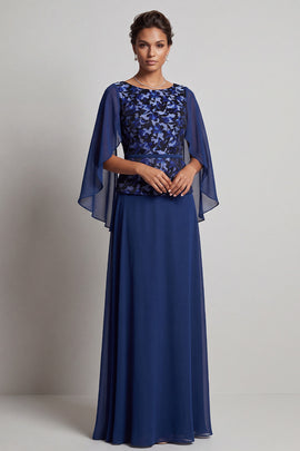 Navy Sheath Round Neck Floral Chiffon Long Mother of the Bride Dress with Sleeves